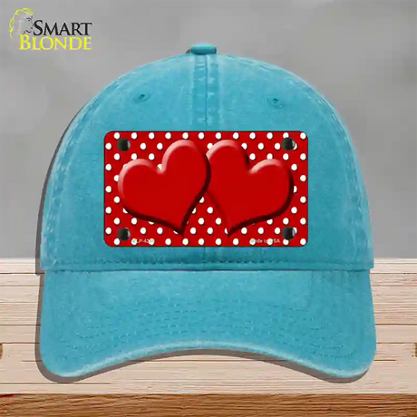 Red White Polka Dot Center Hearts Novelty License Plate Hat Unconstructed Cotton / Lake Blue
