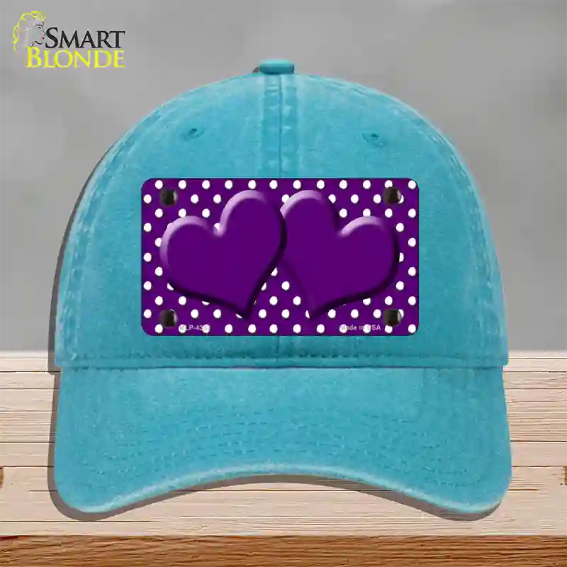 Purple White Polka Dot Center Hearts Novelty License Plate Hat Unconstructed Cotton / Lake Blue