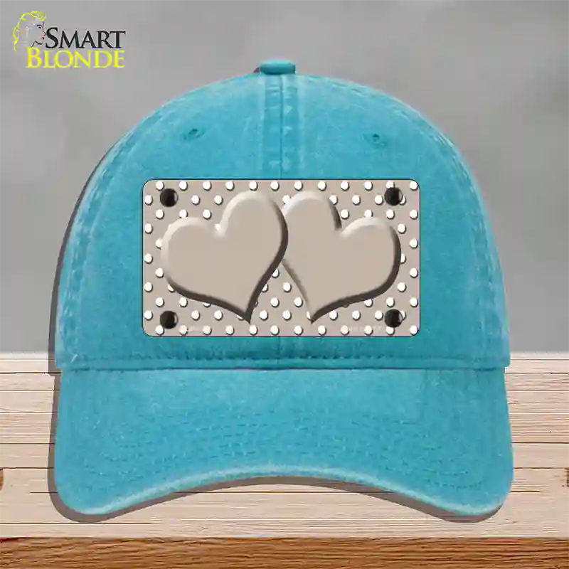 Tan White Polka Dot Center Hearts Novelty License Plate Hat Unconstructed Cotton / Lake Blue