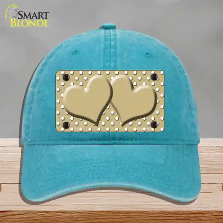 Gold White Polka Dot Center Hearts Novelty License Plate Hat Unconstructed Cotton / Lake Blue