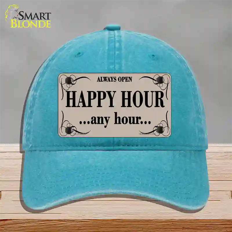 Happy Hour Any Hour Novelty License Plate Hat Unconstructed Cotton / Lake Blue