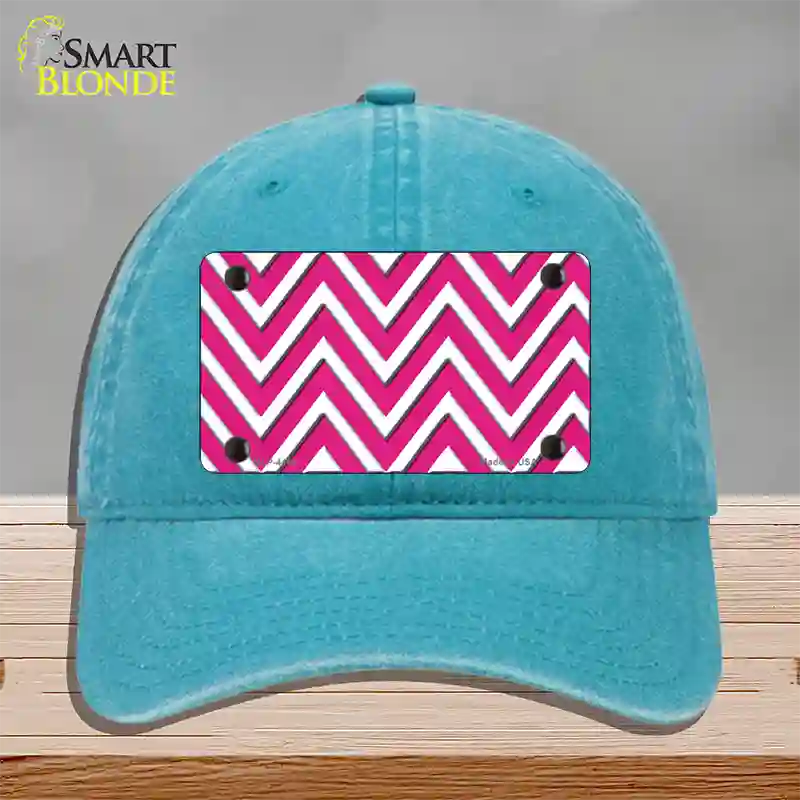 Pink White Large Chevron Novelty License Plate Hat Unconstructed Cotton / Lake Blue