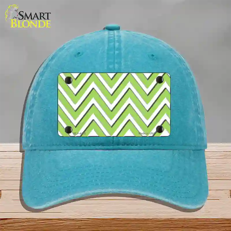 Lime Green White Large Chevron Novelty License Plate Hat Unconstructed Cotton / Lake Blue