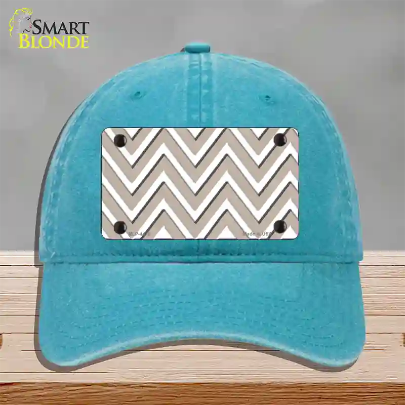 Tan White Large Chevron Novelty License Plate Hat Unconstructed Cotton / Lake Blue