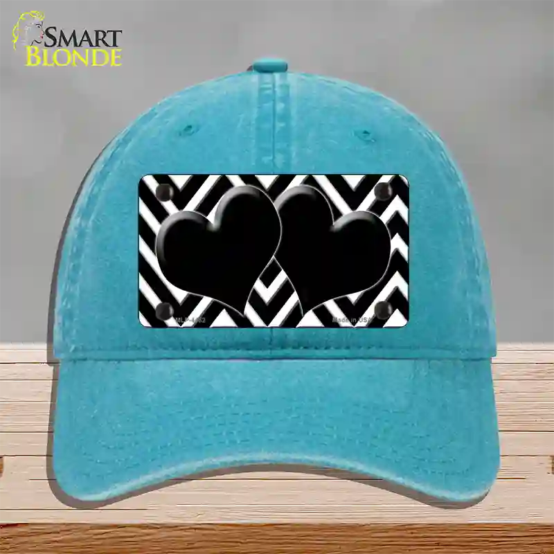 Black White Large Chevron Black Center Hearts Novelty License Plate Hat Unconstructed Cotton / Lake Blue