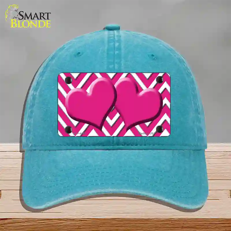 Pink White Large Chevron Hot Pink Center Hearts Novelty License Plate Hat Unconstructed Cotton / Lake Blue