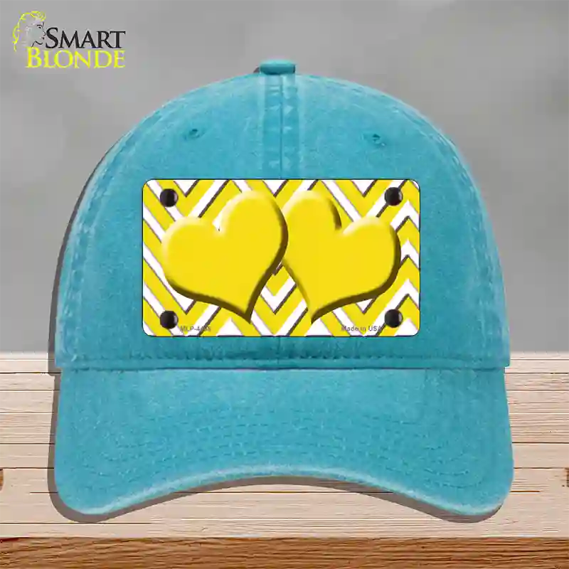 Yellow White Large Chevron Yellow Center Hearts Novelty License Plate Hat Unconstructed Cotton / Lake Blue