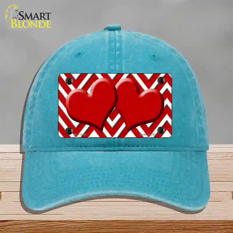 Red White Large Chevron Red Center Hearts Novelty License Plate Hat Unconstructed Cotton / Lake Blue