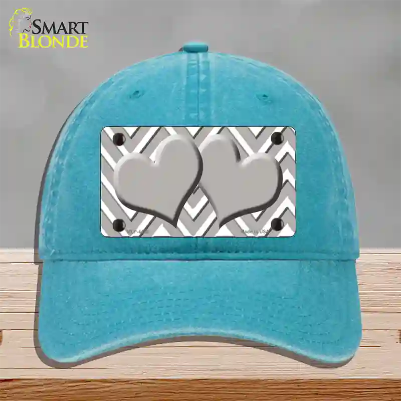 Grey White Large Chevron Grey Center Hearts Novelty License Plate Hat Unconstructed Cotton / Lake Blue