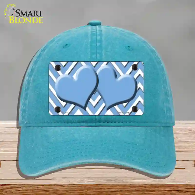 Light Blue White Large Chevron Light Blue Center Hearts Novelty License Plate Hat Unconstructed Cotton / Lake Blue