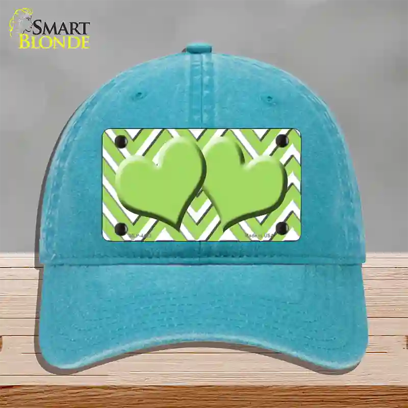 Lime Green White Large Chevron Lime Green Center Hearts Novelty License Plate Hat Unconstructed Cotton / Lake Blue