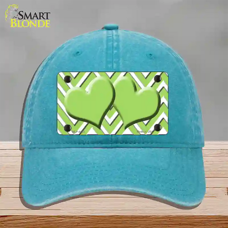 Lime Green White Large Chevron Lime Green Center Hearts Novelty License Plate Hat Unconstructed Cotton / Lake Blue