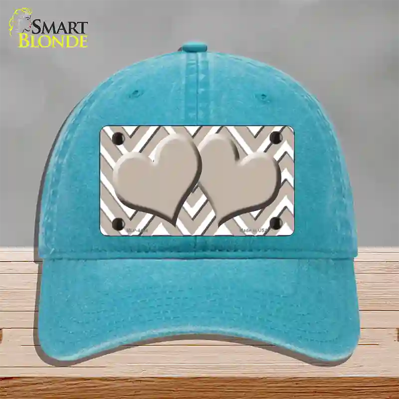 Tan White Large Chevron Tan Center Hearts Novelty License Plate Hat Unconstructed Cotton / Lake Blue