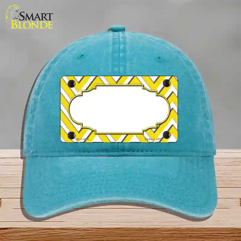 Yellow White Large Chevron Center Scallop Novelty License Plate Hat Unconstructed Cotton / Lake Blue