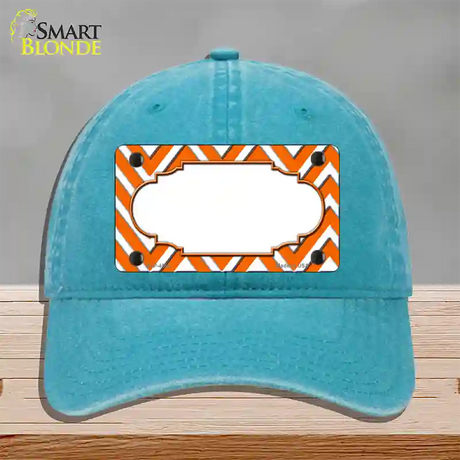 Orange White Large Chevron Center Scallop Novelty License Plate Hat Unconstructed Cotton / Lake Blue