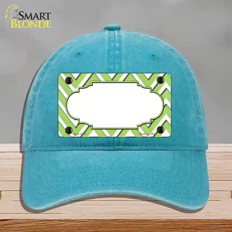 Lime Green White Large Chevron Center Scallop Novelty License Plate Hat Unconstructed Cotton / Lake Blue