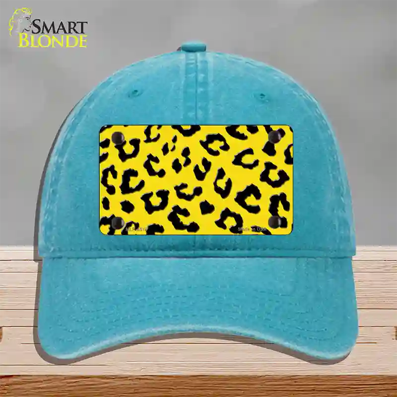 Yellow Black Cheetah Novelty License Plate Hat Unconstructed Cotton / Lake Blue