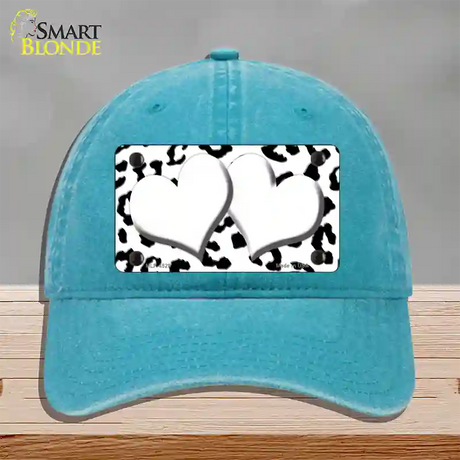 White Black Cheetah White Center Hearts Novelty License Plate Hat Unconstructed Cotton / Lake Blue