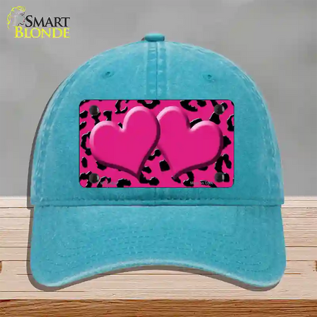 Pink Black Cheetah Pink Center Hearts Novelty License Plate Hat Unconstructed Cotton / Lake Blue