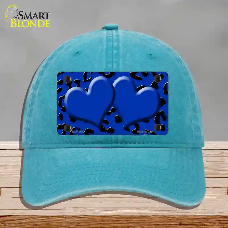 Blue Black Cheetah Blue Center Hearts Novelty License Plate Hat Unconstructed Cotton / Lake Blue