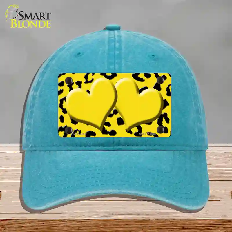 Yellow Black Cheetah Yellow Center Hearts Novelty License Plate Hat Unconstructed Cotton / Lake Blue