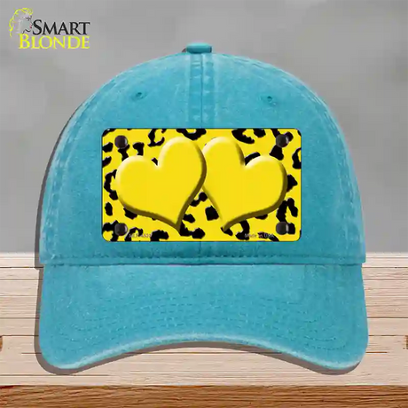 Yellow Black Cheetah Yellow Center Hearts Novelty License Plate Hat Unconstructed Cotton / Lake Blue