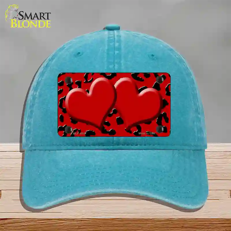 Red Black Cheetah Red Center Hearts Novelty License Plate Hat Unconstructed Cotton / Lake Blue