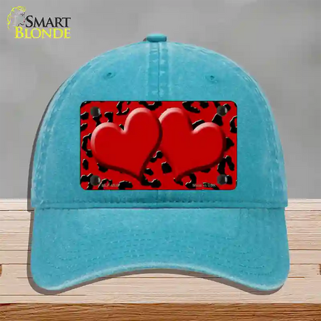 Red Black Cheetah Red Center Hearts Novelty License Plate Hat Unconstructed Cotton / Lake Blue