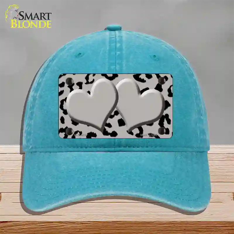 Grey Black Cheetah Gray Center Hearts Novelty License Plate Hat Unconstructed Cotton / Lake Blue