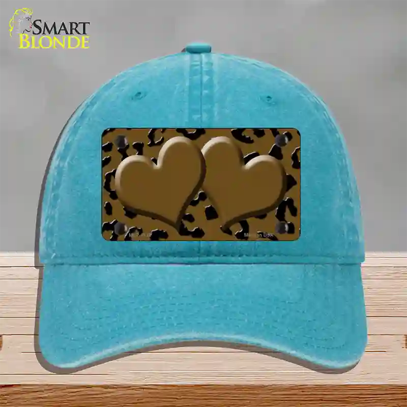 Brown Black Cheetah Brown Center Hearts Novelty License Plate Hat Unconstructed Cotton / Lake Blue