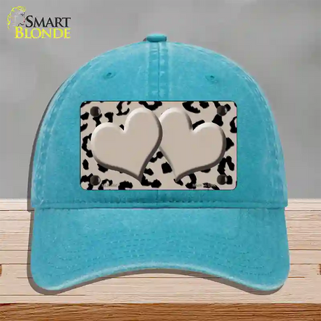 Tan Black Cheetah Tan Center Hearts Novelty License Plate Hat Unconstructed Cotton / Lake Blue