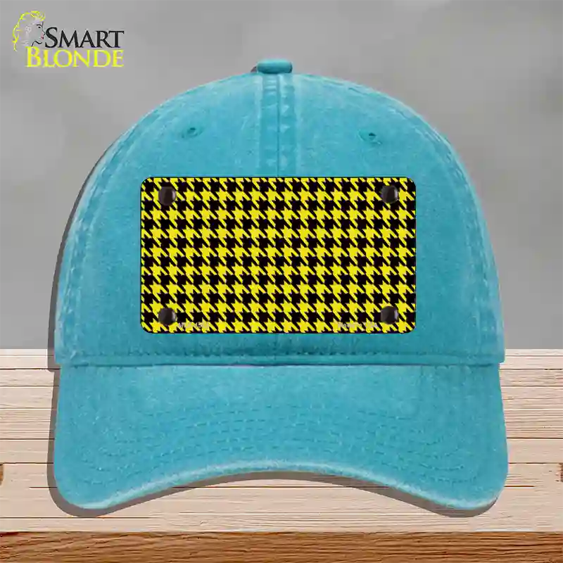 Yellow Black Houndstooth Novelty License Plate Hat Unconstructed Cotton / Lake Blue