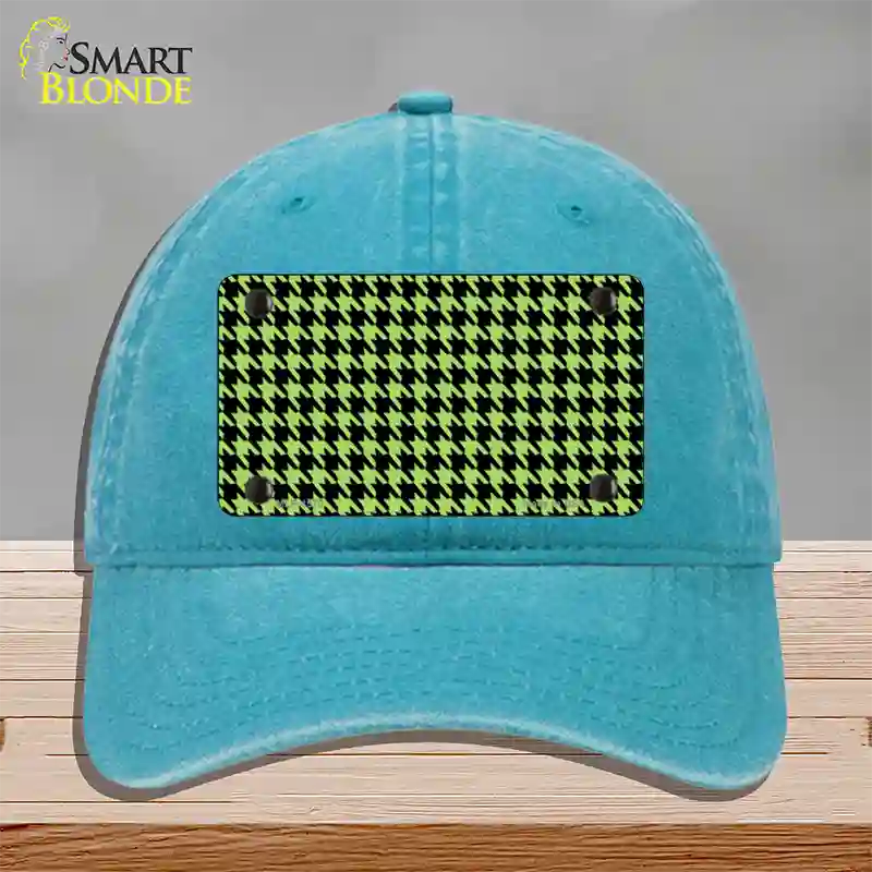 Lime Green Black Houndstooth Novelty License Plate Hat Unconstructed Cotton / Lake Blue