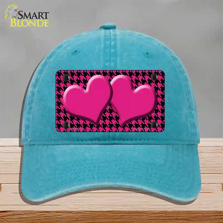 Pink Black Houndstooth Pink Center Hearts Novelty License Plate Hat Unconstructed Cotton / Lake Blue