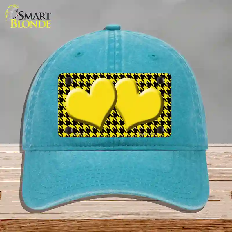 Yellow Black Houndstooth Yellow Center Hearts Novelty License Plate Hat Unconstructed Cotton / Lake Blue