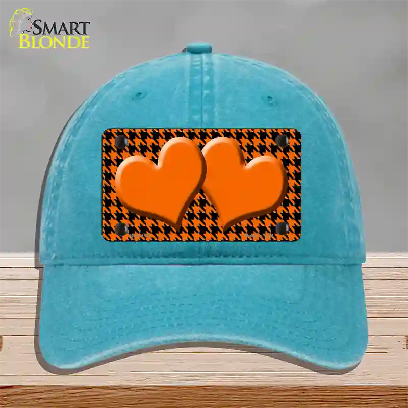 Orange Black Houndstooth Orange Center Hearts Novelty License Plate Hat Unconstructed Cotton / Lake Blue