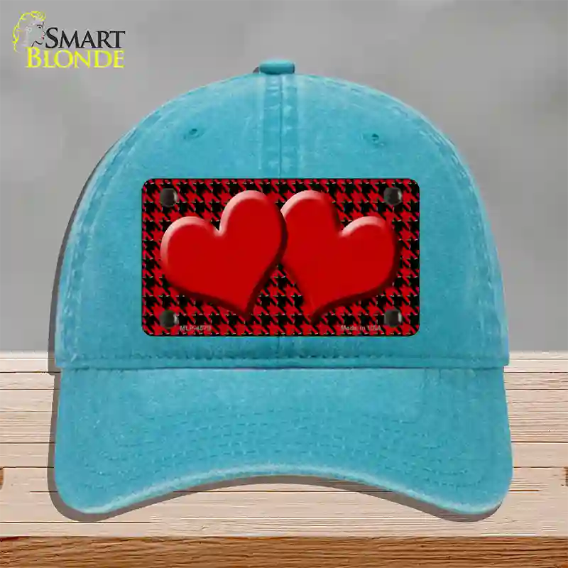 Red Black Houndstooth Red Center Hearts Novelty License Plate Hat Unconstructed Cotton / Lake Blue