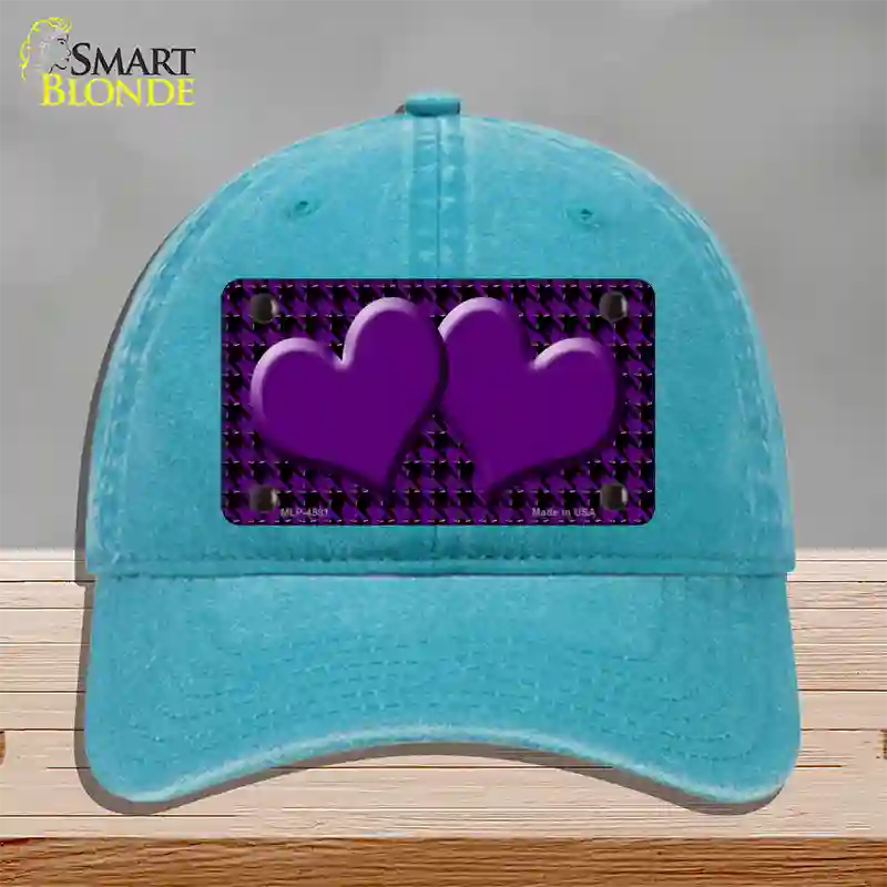 Purple Black Houndstooth Purple Center Hearts Novelty License Plate Hat Unconstructed Cotton / Lake Blue