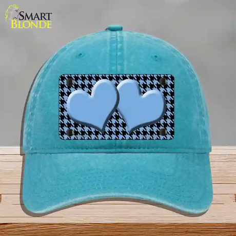 Light Blue Black Houndstooth Light Blue Center Hearts Novelty License Plate Hat Unconstructed Cotton / Lake Blue