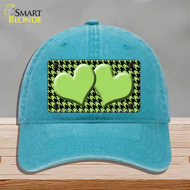 Lime Green Black Houndstooth Lime Green Center Hearts Novelty License Plate Hat Unconstructed Cotton / Lake Blue