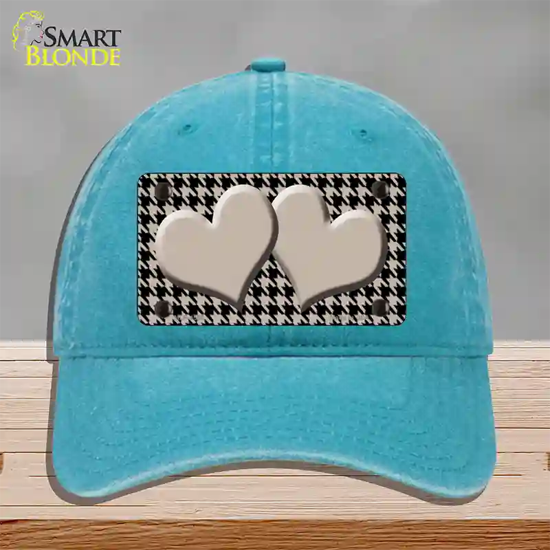 Tan Black Houndstooth Tan Center Hearts Novelty License Plate Hat Unconstructed Cotton / Lake Blue