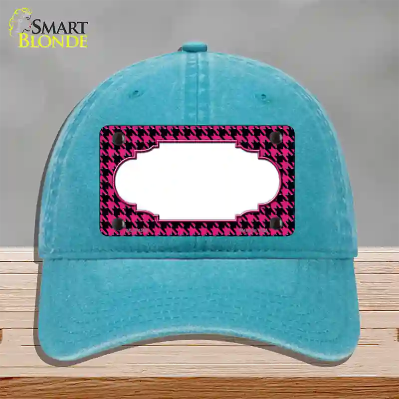 Pink Black Houndstooth Scallop Center Novelty License Plate Hat Unconstructed Cotton / Lake Blue