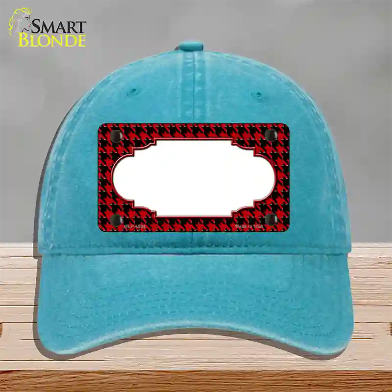 Red Black Houndstooth Scallop Center Novelty License Plate Hat Unconstructed Cotton / Lake Blue