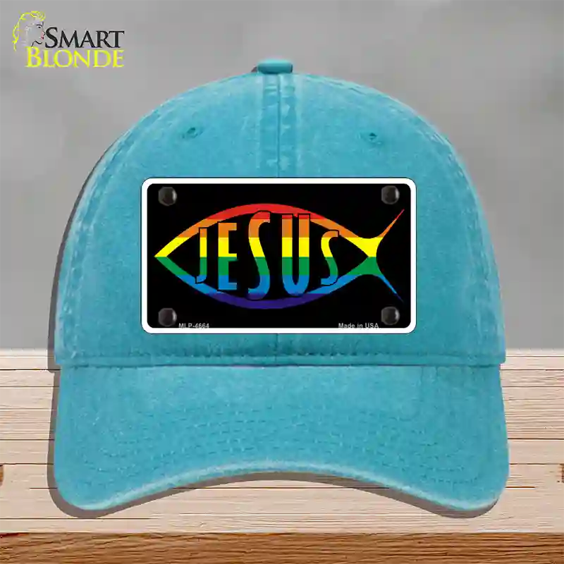 Jesus Fish Rainbow Novelty License Plate Hat Unconstructed Cotton / Lake Blue