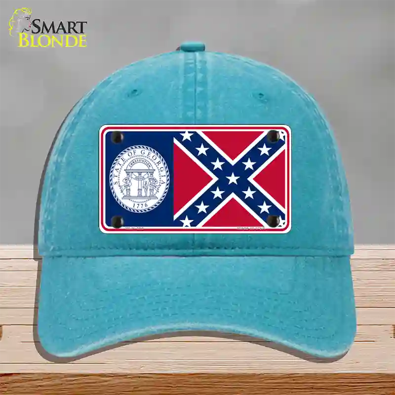 Georgia Confederate State Flag Novelty License Plate Hat Unconstructed Cotton / Lake Blue