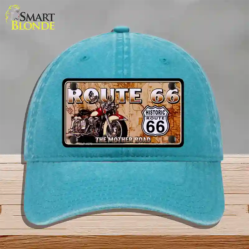 Route 66 Mother Road Motorcycle Novelty License Plate Hat Unconstructed Cotton / Lake Blue