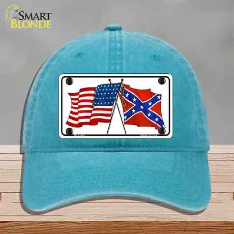 Confederate USA Crossed Flags Novelty License Plate Hat Unconstructed Cotton / Lake Blue