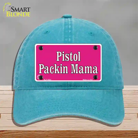 Pistol Packin Mama Novelty License Plate Hat Unconstructed Cotton / Lake Blue