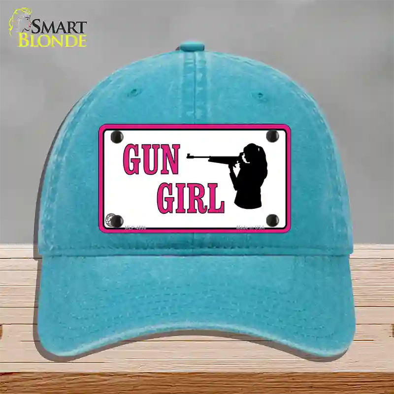 Gun Girl Novelty License Plate Hat Unconstructed Cotton / Lake Blue