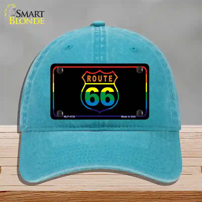 Route 66 Rainbow Flag Novelty License Plate Hat Unconstructed Cotton / Lake Blue